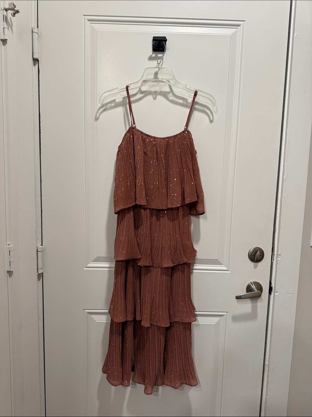 Pinky Rust Tiered Ruffle Sparkle Midi Dress
